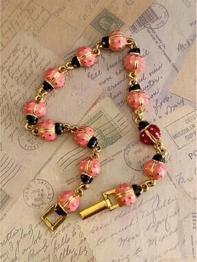 Vintage Whimsical Pink Enamel Ladybug Link Bracelet Rhinestone Thailand Stamped